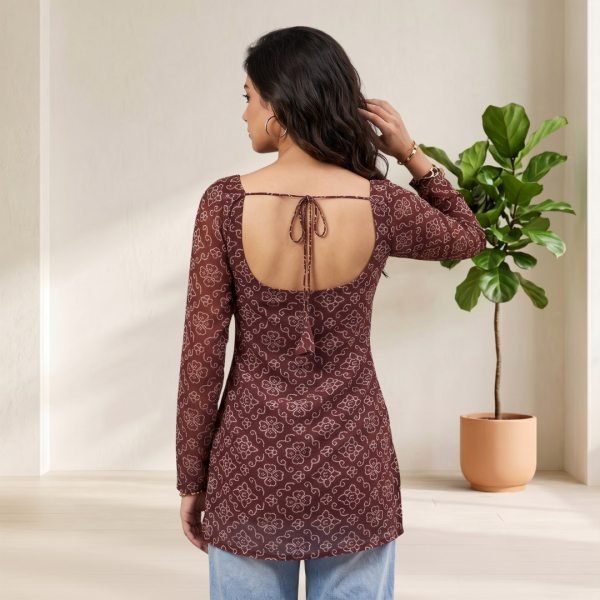 Artistic Brown Navratri Bandhani Digital Print Short Kurti with Elegant Back Design Full Set Kurti