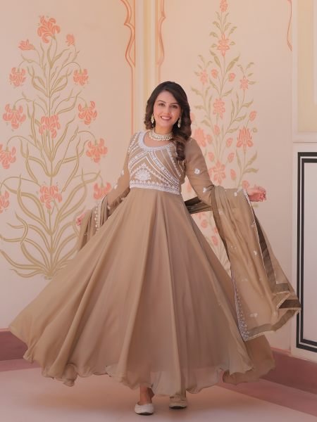 Artistic Brown Star Georgette Readymade Gown with Sequins Coding For Diwali  Ready To Wear Suit