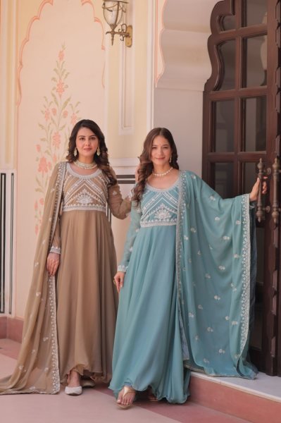 Artistic Brown Star Georgette Readymade Gown with Sequins Coding For Diwali  Ready To Wear Collection