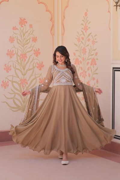 Artistic Brown Star Georgette Readymade Gown with Sequins Coding For Diwali  Ready To Wear Collection