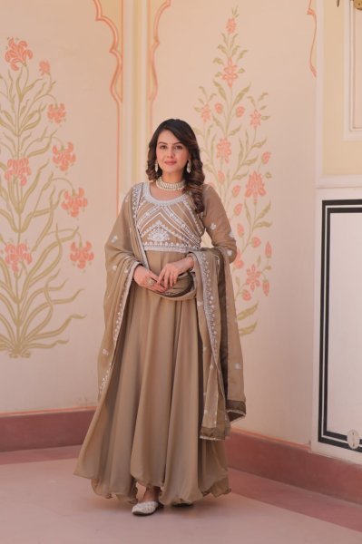 Artistic Brown Star Georgette Readymade Gown with Sequins Coding For Diwali  Ready To Wear Collection
