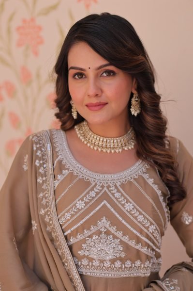 Artistic Brown Star Georgette Readymade Gown with Sequins Coding For Diwali  Ready To Wear Collection