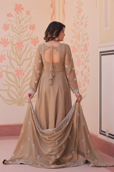Artistic Brown Star Georgette Readymade Gown with Sequins Coding For Diwali  Ready To Wear Collection
