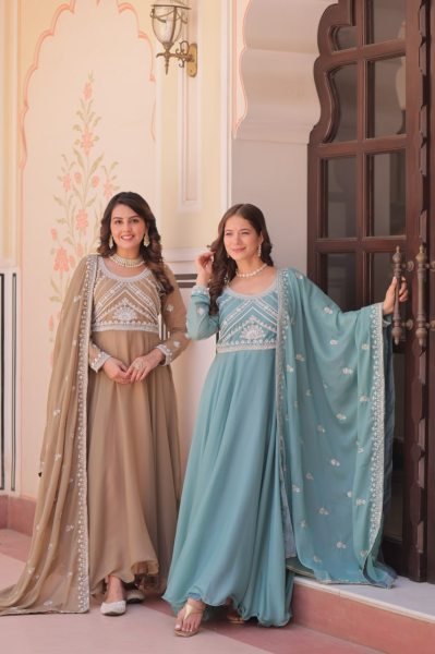Artistic Brown Star Georgette Readymade Gown with Sequins Coding For Diwali  Ready To Wear Collection