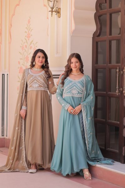 Artistic Brown Star Georgette Readymade Gown with Sequins Coding For Diwali  Ready To Wear Collection