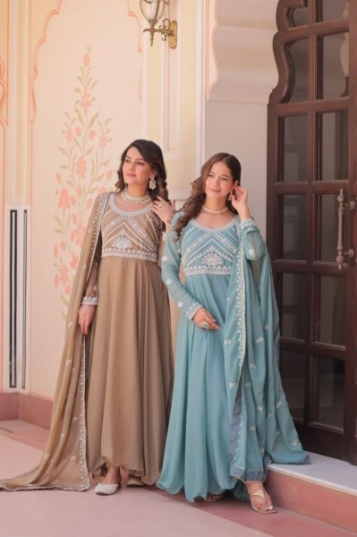 Artistic Brown Star Georgette Readymade Gown with Sequins Coding For Diwali  Ready To Wear Collection