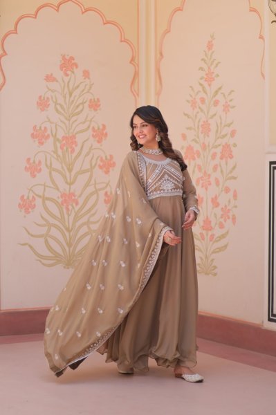 Artistic Brown Star Georgette Readymade Gown with Sequins Coding For Diwali  Ready To Wear Collection