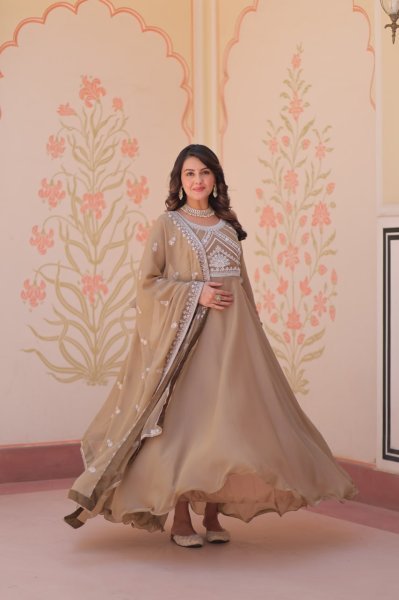 Artistic Brown Star Georgette Readymade Gown with Sequins Coding For Diwali  Ready To Wear Collection