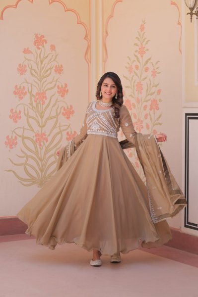 Artistic Brown Star Georgette Readymade Gown with Sequins Coding For Diwali  Ready To Wear Collection