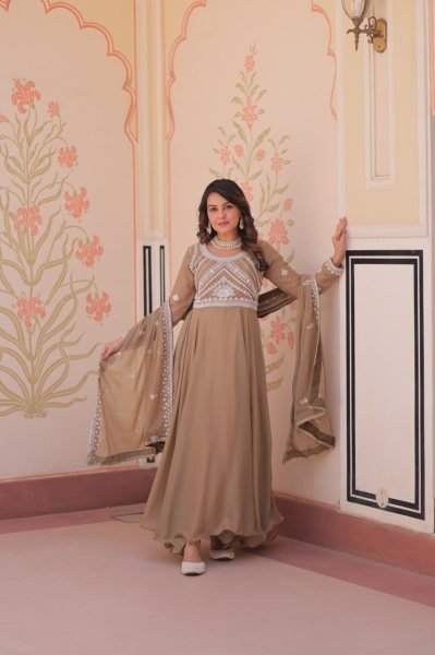 Artistic Brown Star Georgette Readymade Gown with Sequins Coding For Diwali  Ready To Wear Collection