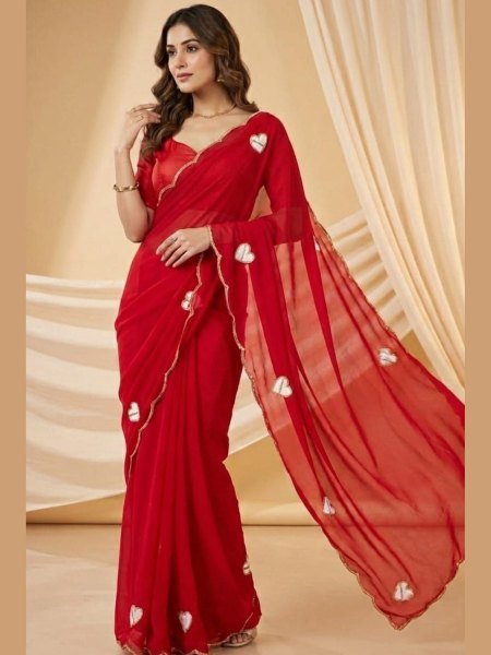 Artistic Cherry Red Georgette Saree with Heart Patch Work for Wedding Wear Sarees 