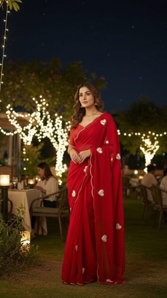 Artistic Cherry Red Georgette Saree with Heart Patch Work for Wedding Wear Georgette Sarees Wholesale