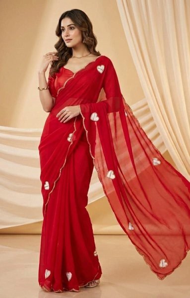 Artistic Cherry Red Georgette Saree with Heart Patch Work for Wedding Wear Georgette Sarees Wholesale