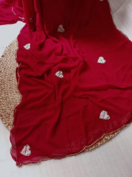 Artistic Cherry Red Georgette Saree with Heart Patch Work for Wedding Wear Georgette Sarees Wholesale