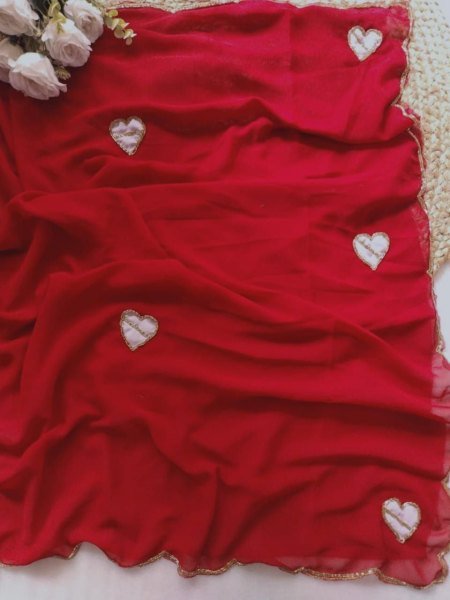 Artistic Cherry Red Georgette Saree with Heart Patch Work for Wedding Wear Georgette Sarees Wholesale