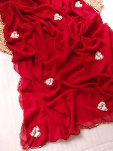 Artistic Cherry Red Georgette Saree with Heart Patch Work for Wedding Wear Georgette Sarees Wholesale