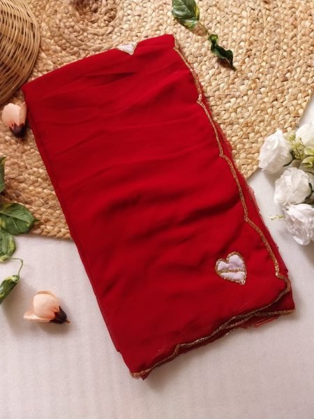 Artistic Cherry Red Georgette Saree with Heart Patch Work for Wedding Wear Georgette Sarees Wholesale