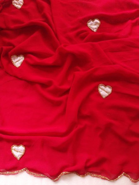 Artistic Cherry Red Georgette Saree with Heart Patch Work for Wedding Wear Georgette Sarees Wholesale