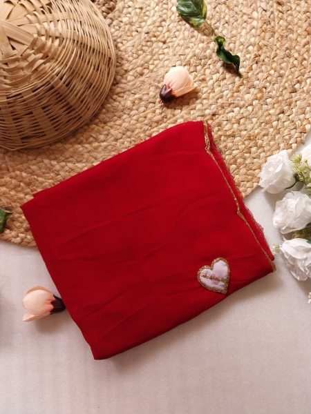 Artistic Cherry Red Georgette Saree with Heart Patch Work for Wedding Wear Georgette Sarees Wholesale