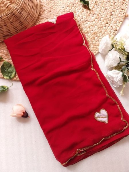 Artistic Cherry Red Georgette Saree with Heart Patch Work for Wedding Wear Georgette Sarees Wholesale