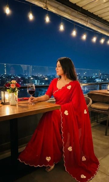 Artistic Cherry Red Georgette Saree with Heart Patch Work for Wedding Wear Georgette Sarees Wholesale