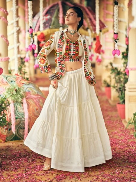 Artistic Cream Cotton Lehenga Choli with Koti and Heavy Embroidery Detailing For Garba  Lehenga