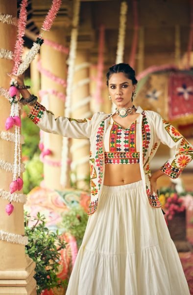 Artistic Cream Cotton Lehenga Choli with Koti and Heavy Embroidery Detailing For Garba Navratri Lehnega Choli