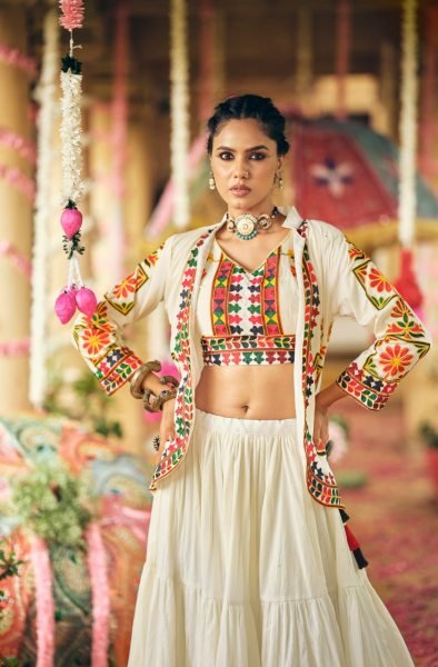 Artistic Cream Cotton Lehenga Choli with Koti and Heavy Embroidery Detailing For Garba Navratri Lehnega Choli