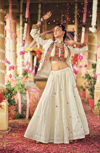 Artistic Cream Cotton Lehenga Choli with Koti and Heavy Embroidery Detailing For Garba Navratri Lehnega Choli