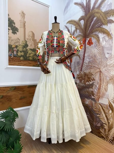 Artistic Cream Cotton Lehenga Choli with Koti and Heavy Embroidery Detailing For Garba Navratri Lehnega Choli