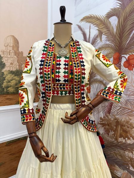 Artistic Cream Cotton Lehenga Choli with Koti and Heavy Embroidery Detailing For Garba Navratri Lehnega Choli