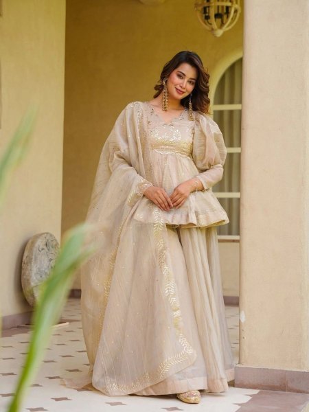 Artistic Cream Crunchy Silk Kurti Palazzo with Matching Foil Print Dupatta at Wholesale  