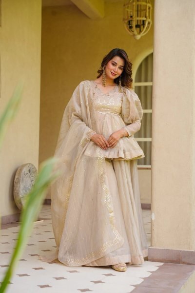 Artistic Cream Crunchy Silk Kurti Palazzo with Matching Foil Print Dupatta at Wholesale  3 Piece Kurti Set