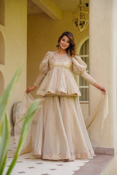 Artistic Cream Crunchy Silk Kurti Palazzo with Matching Foil Print Dupatta at Wholesale  3 Piece Kurti Set