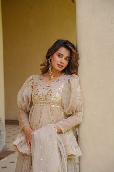 Artistic Cream Crunchy Silk Kurti Palazzo with Matching Foil Print Dupatta at Wholesale  3 Piece Kurti Set