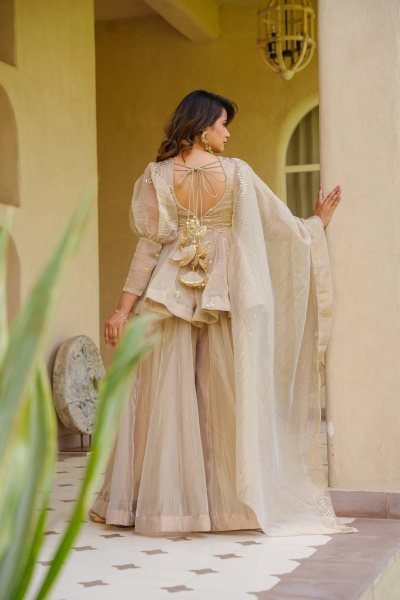 Artistic Cream Crunchy Silk Kurti Palazzo with Matching Foil Print Dupatta at Wholesale  3 Piece Kurti Set