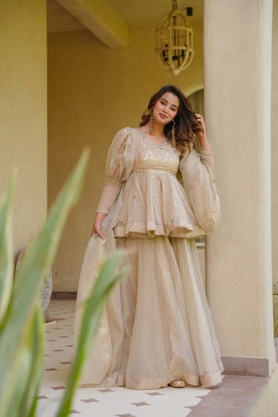 Artistic Cream Crunchy Silk Kurti Palazzo with Matching Foil Print Dupatta at Wholesale  3 Piece Kurti Set
