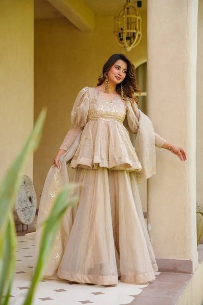 Artistic Cream Crunchy Silk Kurti Palazzo with Matching Foil Print Dupatta at Wholesale  3 Piece Kurti Set