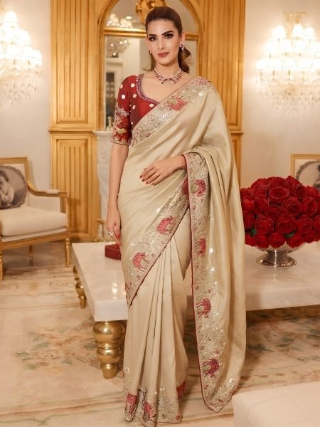 Artistic Cream Saree in Pure Kanjivaram Silk with Unstitch Handwork Blouse at Wholesale 