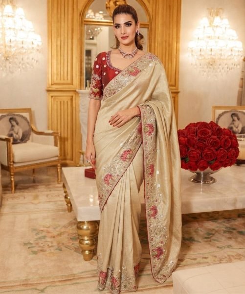 Artistic Cream Saree in Pure Kanjivaram Silk with Unstitch Handwork Blouse at Wholesale Silk Sarees Wholesale