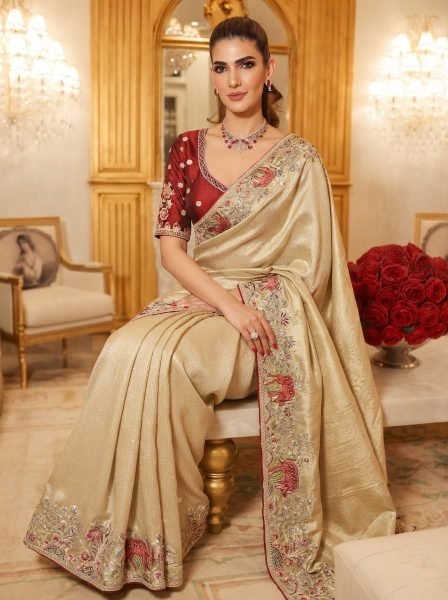 Artistic Cream Saree in Pure Kanjivaram Silk with Unstitch Handwork Blouse at Wholesale Silk Sarees Wholesale