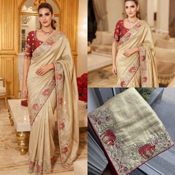 Artistic Cream Saree in Pure Kanjivaram Silk with Unstitch Handwork Blouse at Wholesale Silk Sarees Wholesale