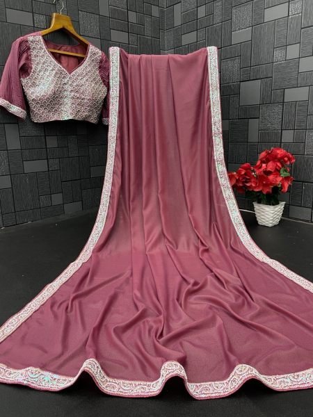 Artistic Dusty Rose Silk Saree with Beads Lace and Piping Detail For Wedding 