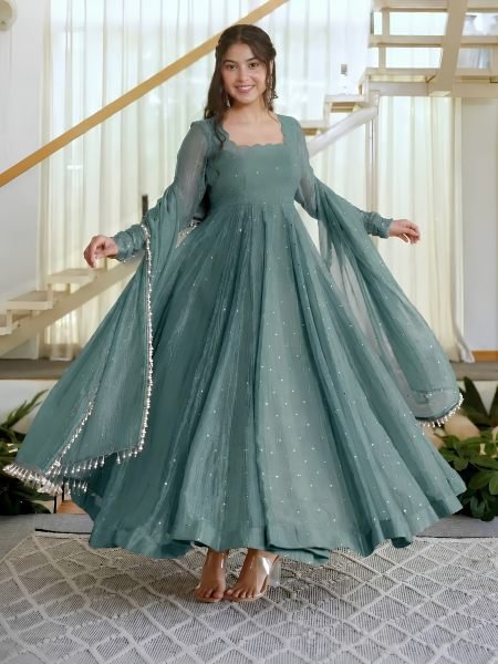 Artistic Dusty Teal Salsa Silk Foil Work Gown Set for Women at Wholesale Rate Ready To Wear Suit
