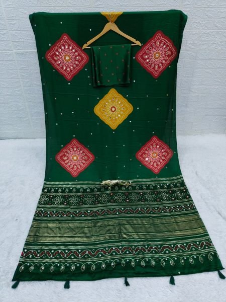 Artistic Green Designer Japan Satin Silk Saree with Matching Printed Unstitched Blouse Silk Sarees Wholesale