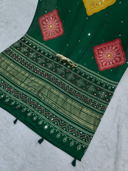 Artistic Green Designer Japan Satin Silk Saree with Matching Printed Unstitched Blouse Silk Sarees Wholesale
