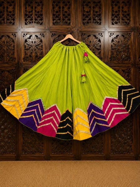 Artistic Green Rayon Cotton Navratri Skirt Collection with Multi Patch Work Shop by Occasion