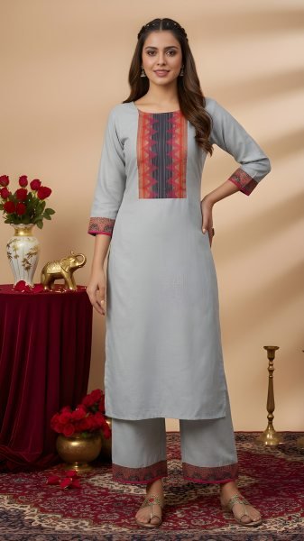 Artistic Grey Solid Kurta Pant Set in Heavy Cotton for Daily Wear  Straight Cut Long Kurtis