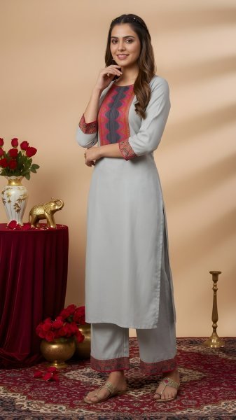 Artistic Grey Solid Kurta Pant Set in Heavy Cotton for Daily Wear  Straight Cut Long Kurtis