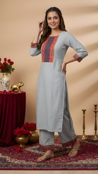 Artistic Grey Solid Kurta Pant Set in Heavy Cotton for Daily Wear  Straight Cut Long Kurtis